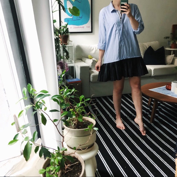 ZARA Blue Striped Button-Down Collared Dress with Leather Skirt - Picture 2 of 9